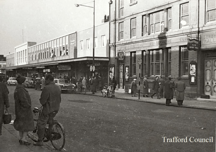 King Street before Stretford Arndale construction, Arndale House on the left and the Conservative Club on the right, both buildings still exist