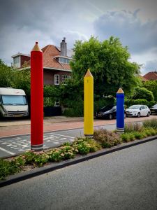 Pencil bollards, warning of a nearby school