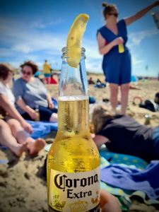 Enjoying a beer, from one of the many bars