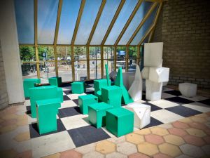 Large chess set inside the Cube Houses' public space