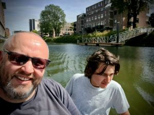 Selfie while our eldest drives the boat