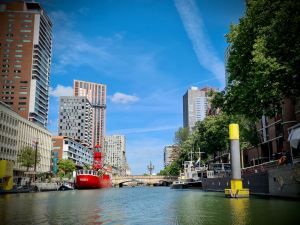 Looking down Wijnhaven, buildings and The Red Ship in the distance