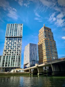 Buildings either side of Andre Van der Louwbrug bridge