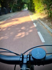 View from the handlebars, featuring my handy Beeline Velo 2