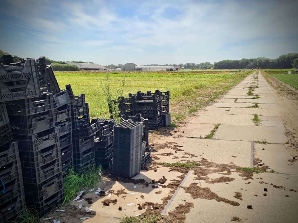 Grates piled up in a field