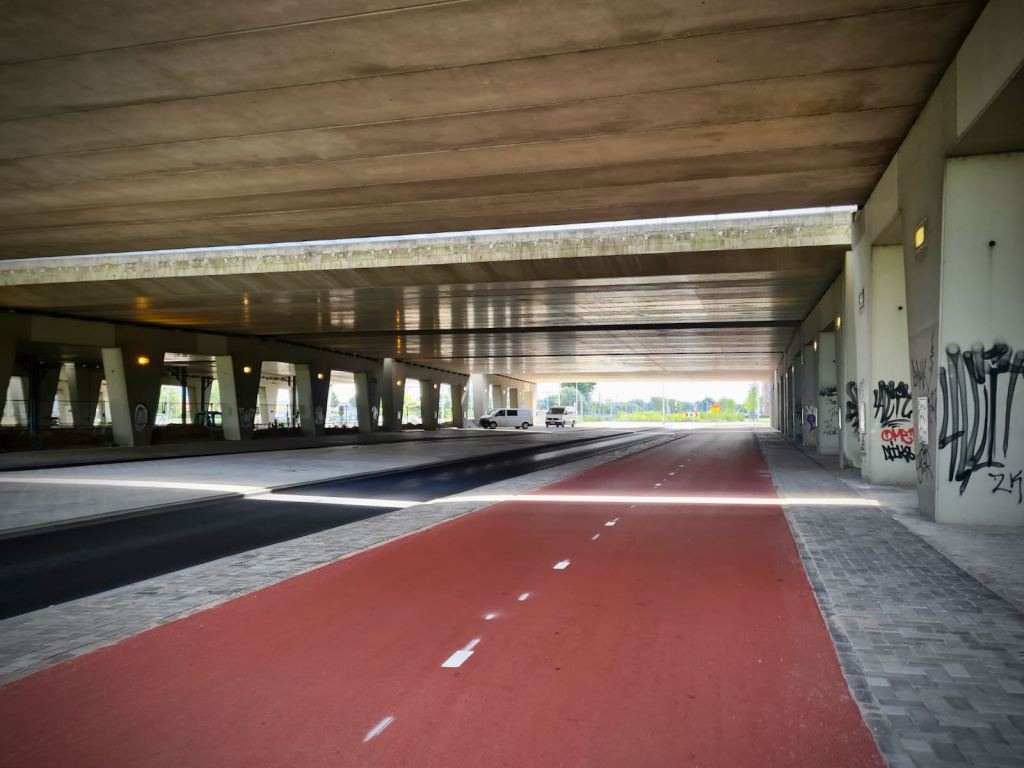 Passing under the multiple bridges for the A5 and A10 motorways