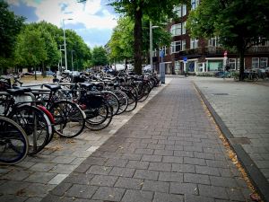 Paved cycle path and lots of cycle parking on Willem de Zwijgerlaan