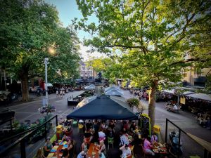 Looking out on Dam Square from Pancho's Cantina