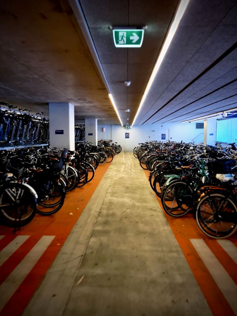Inside Delft station cycle parking