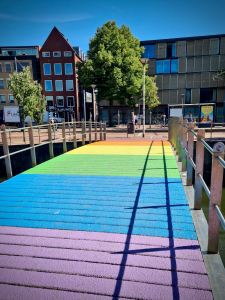 Rainbow bridge over the canal at Delft station