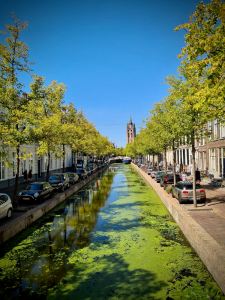 Looking along Oude Delft, Oude Kerk in the background
