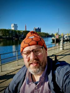 Weser River path selfie, Beck's Brewery on the other side
