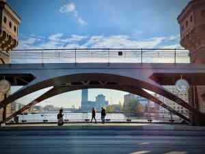 Looking through the Oberbaumbrücke bridge, Elsenbrücke bridge in the background