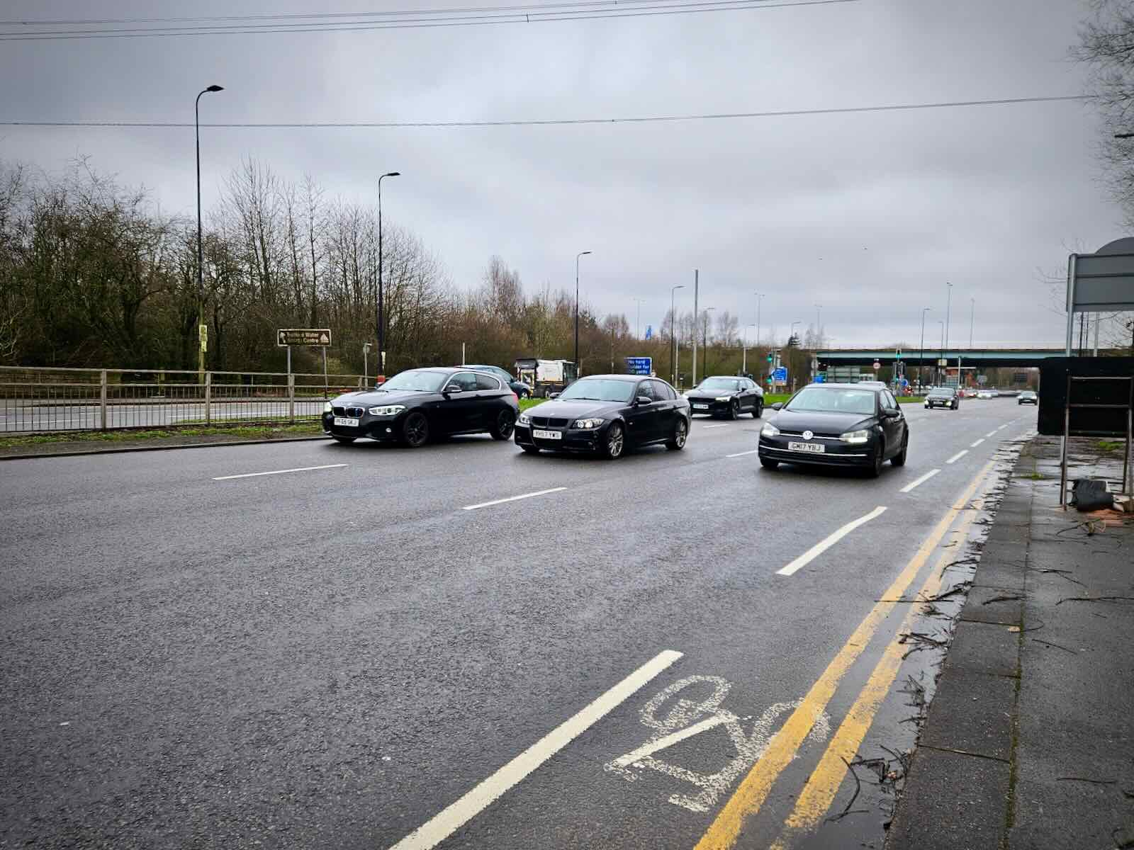 Three lanes of cars coming at you