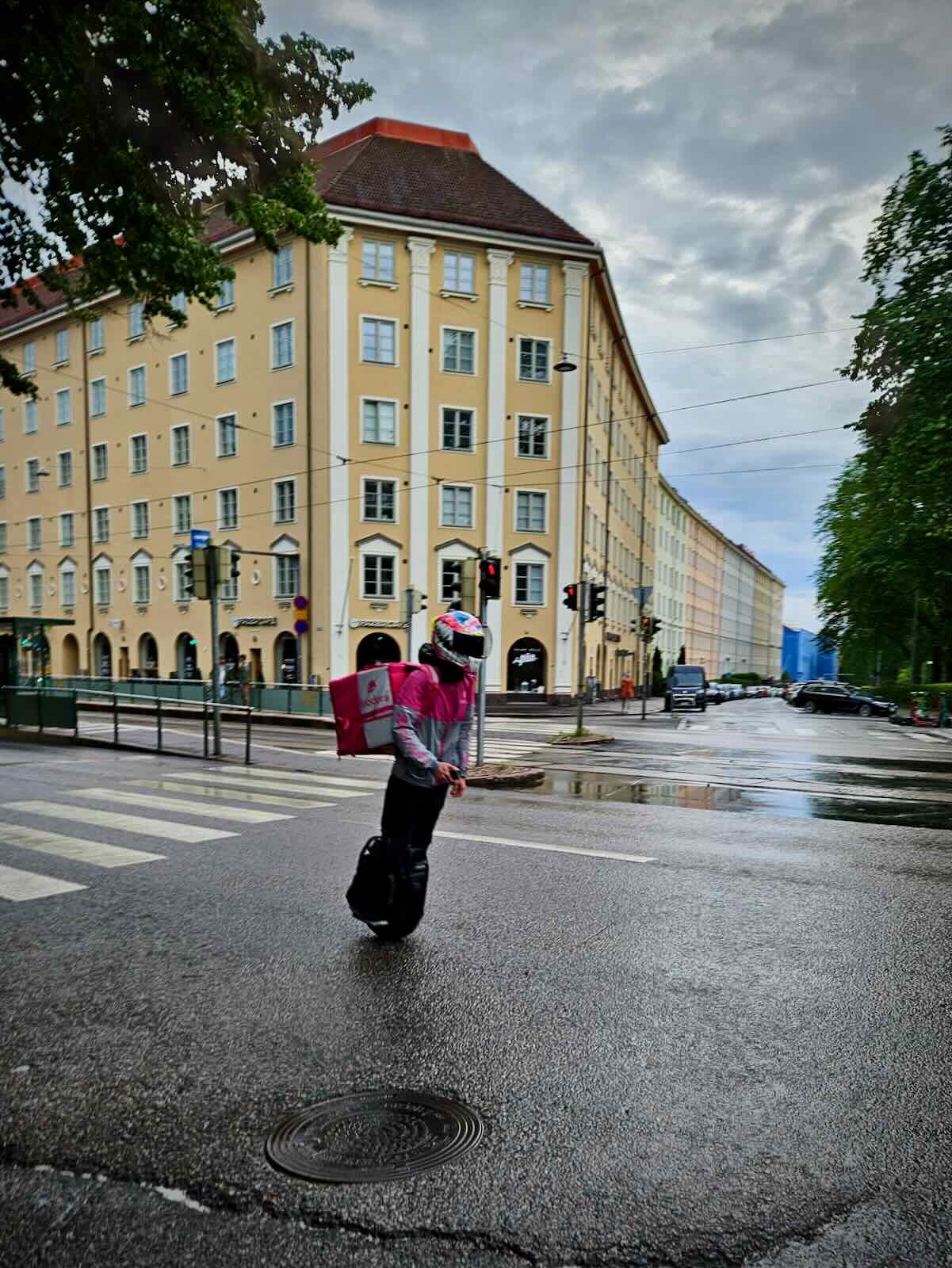Delivery rider on an electric unicycle