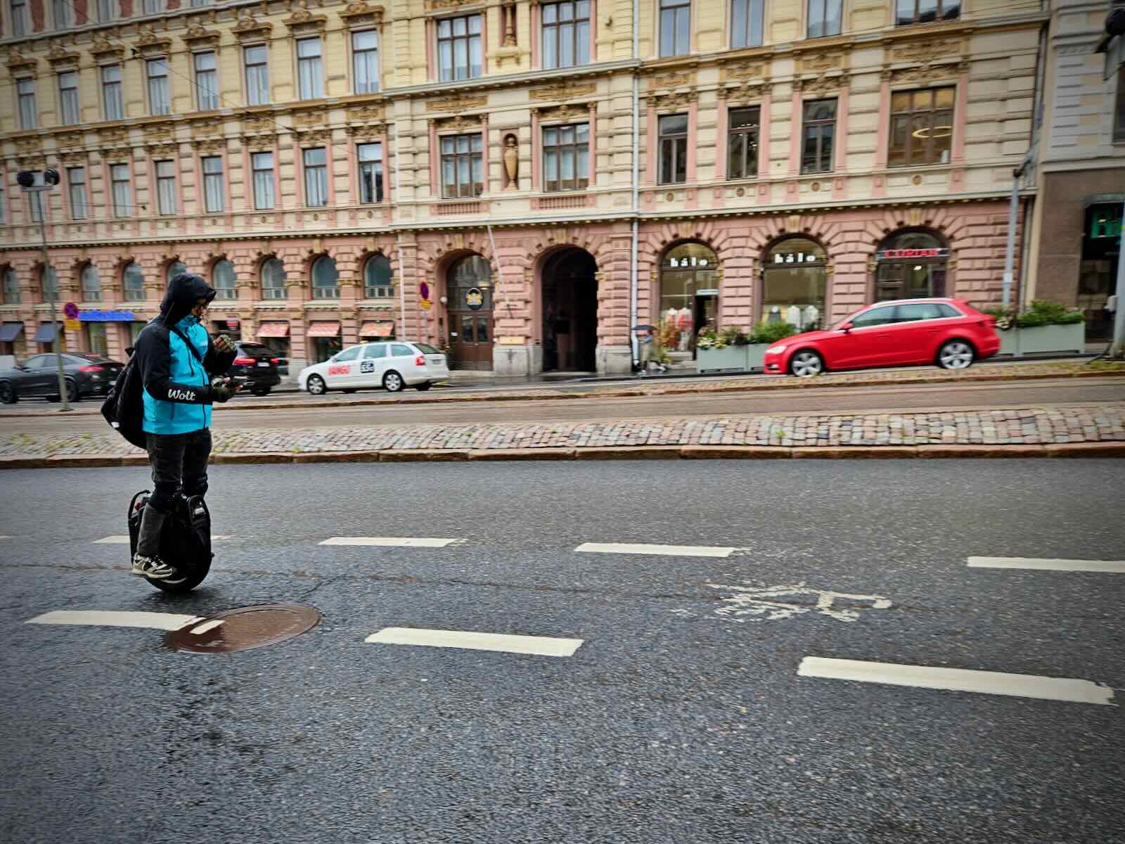 Delivery rider on an electric unicycle