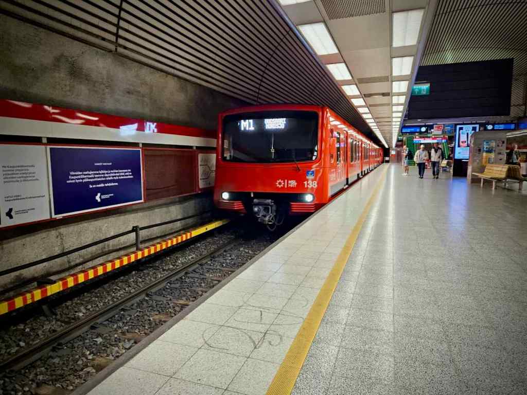 Metro train arriving at Hakaniemi Station