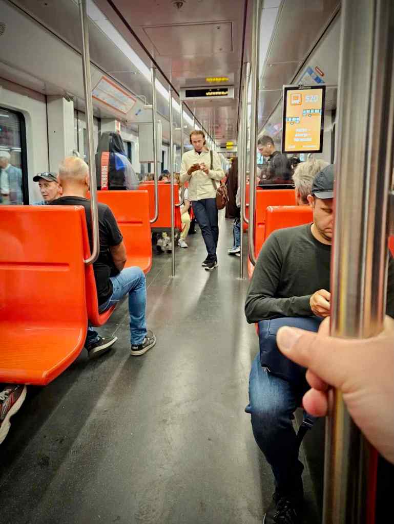 Metro train interior, interestingly with transverse seating