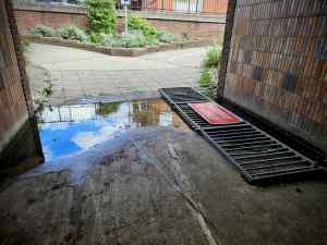 Railings being used to pass over the standing water