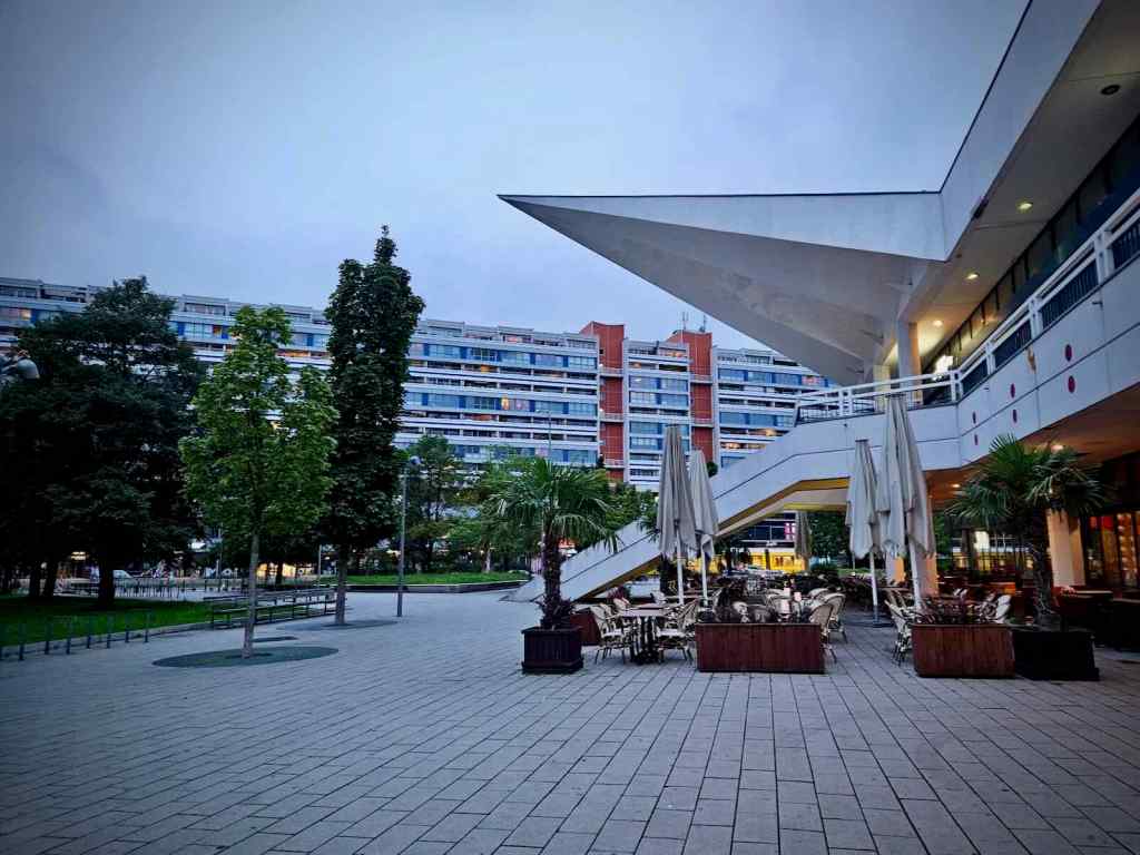 Around the base of the TV Tower, where you'll various bars, restaurants and other businesses
