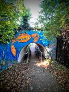 Decorated bridge under the railway