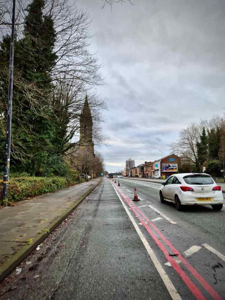 Cycle lane with buffer, towards St Ann's church