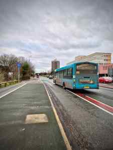 Before Newton Street, footway level cycle path to be replaced with carriageway level cycle lane