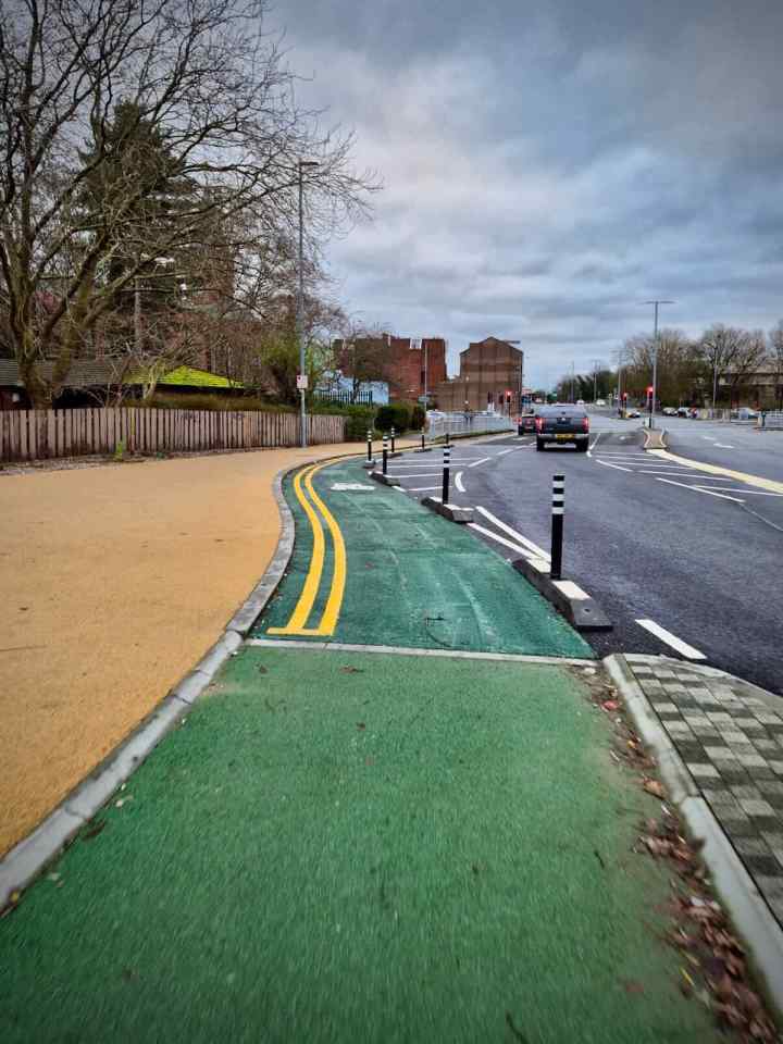Leaving the cycle path and onto the wand protected cycle lane
