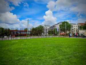 Looking across the Berlin Wall Memorial towards Bernauer Straße