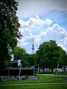 Looking across the Berlin Wall Memorial towards Berliner Fernsehturm (TV Tower)