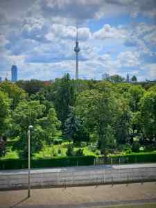 Looking towards Berliner Fernsehturm (TV Tower) from the viewing platform in the Berlin Wall Documentation Center