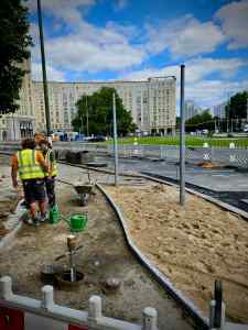 Cycle path under construction at Strausberger Platz