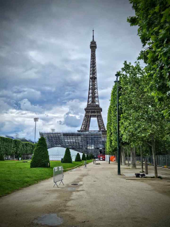 The Eiffel Tower with temporary seating for the Olympics from Avenue Charles Risler