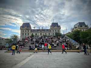 In Place Jean-Paul II, temporary seating opposite Notre-Dame Cathedral