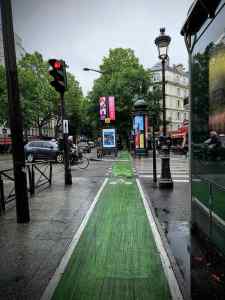 Cycle path crossing a junction on Boulevard de Magenta