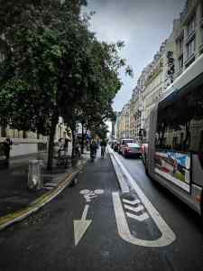 Going the wrong way in the cycle lane on Rue Beaubourg