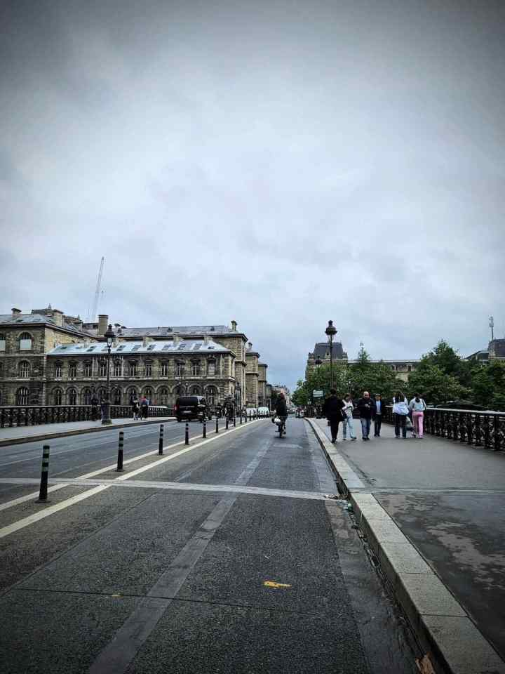 Wand-protected cycle lane on Pont Notre-Dame, crossing the Seine