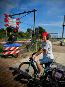 At a level crossing, on the way back from the pool