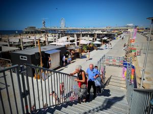 On the temporary bridge, looking towards the pier