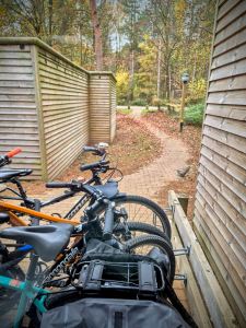 Bikes parked outside our lodge, using wheel benders