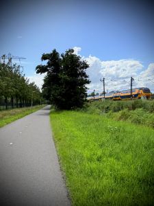 Train passing on Geestwoningpad, part of Velostrada route