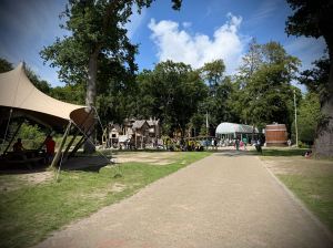 At Duinrell, looking towards the Kikkerachtbaan frog roller coaster