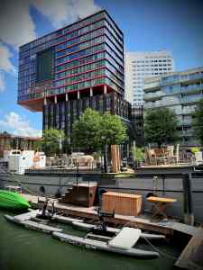 Modern buildings looking over boats in Wijnhaven