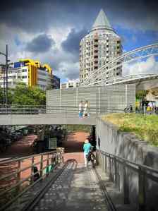 Stairs and ramp down to cycle parking at Blaak