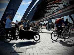 Bikes disembarking from a ferry