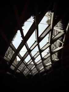 Looking upwards through the gap in the roof
