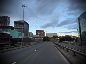Passing between MMU buildings either side of the Mancunian Way