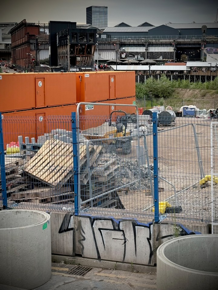 Construction in front of Mayfield Park and Freight Island