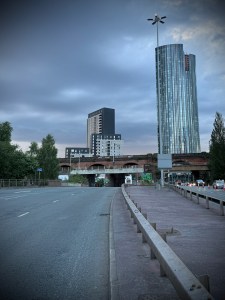 Egerton Street, with railway viaducts crossing the road