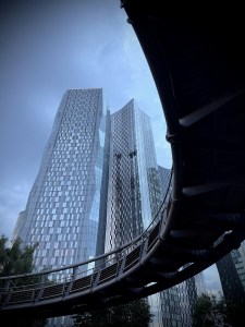 Deansgate Square towers looking down on the Horseshoe Bridge